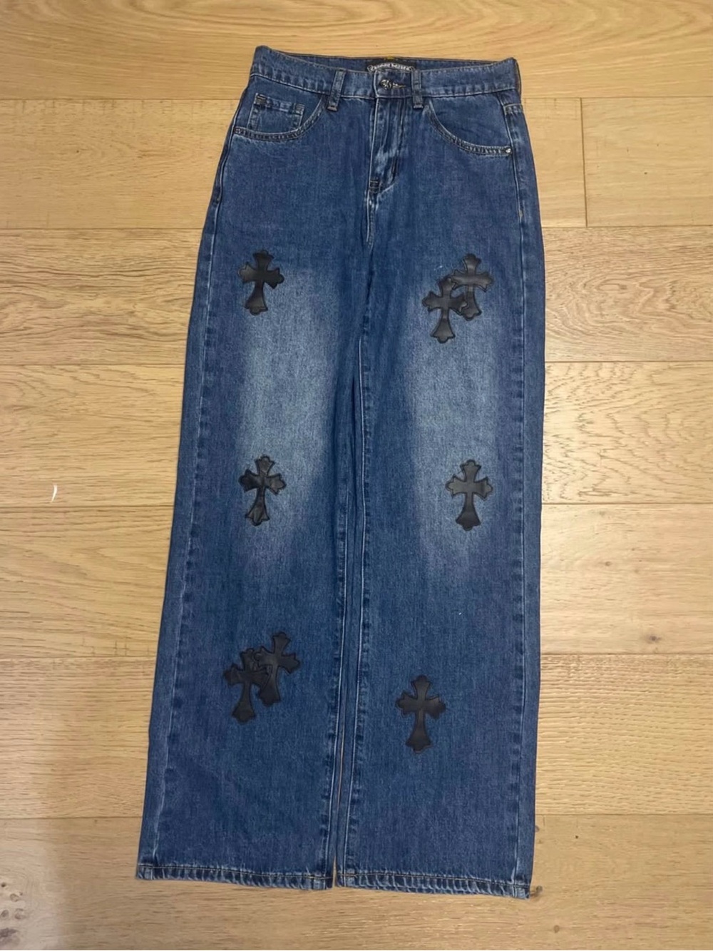 Chromehearts dark blue denim jeans black patches